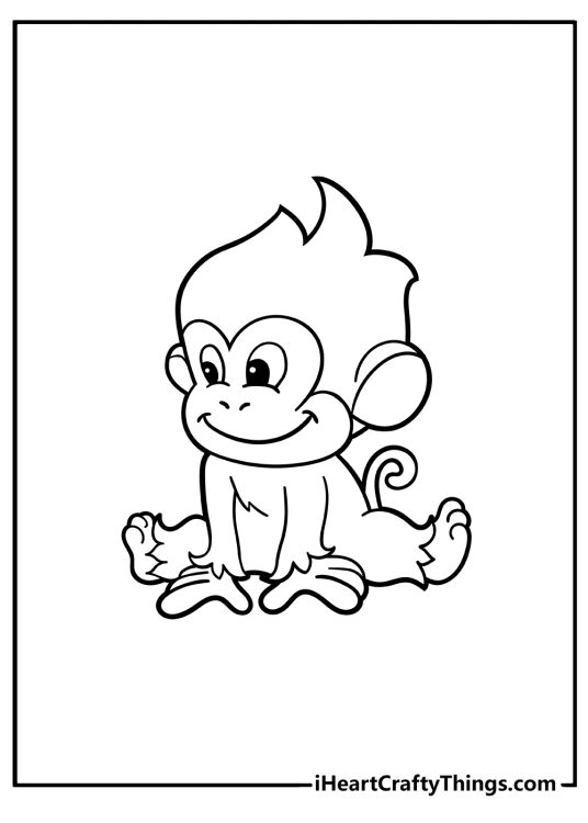 Detailed coloring image featuring curious and cheerful sitting baby monkey with blacnk background