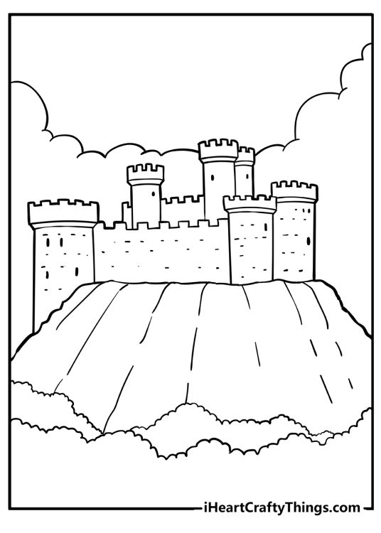 Black-and-white coloring sheet of a majestic impregnable hilltop castle surrounded by greenery