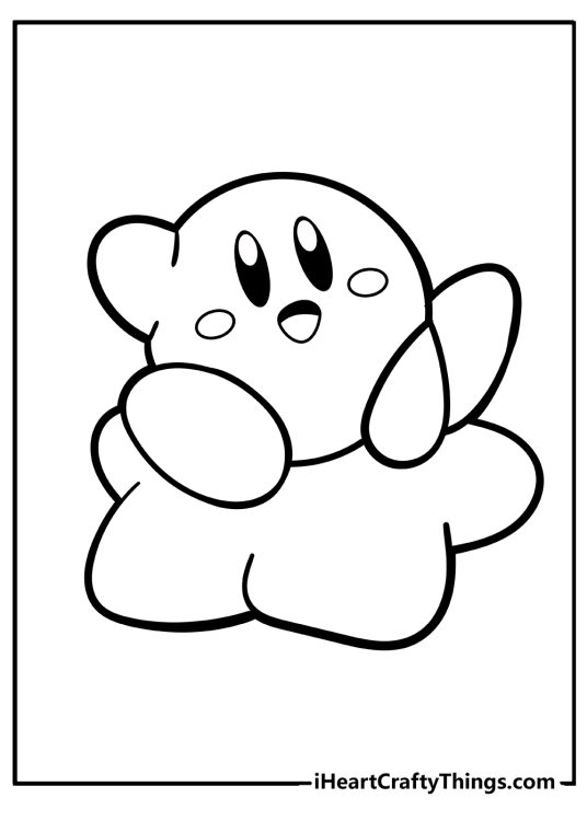 Coloring picture featuring Kirby sitting on top of a star-shaped pillow and waving at us
