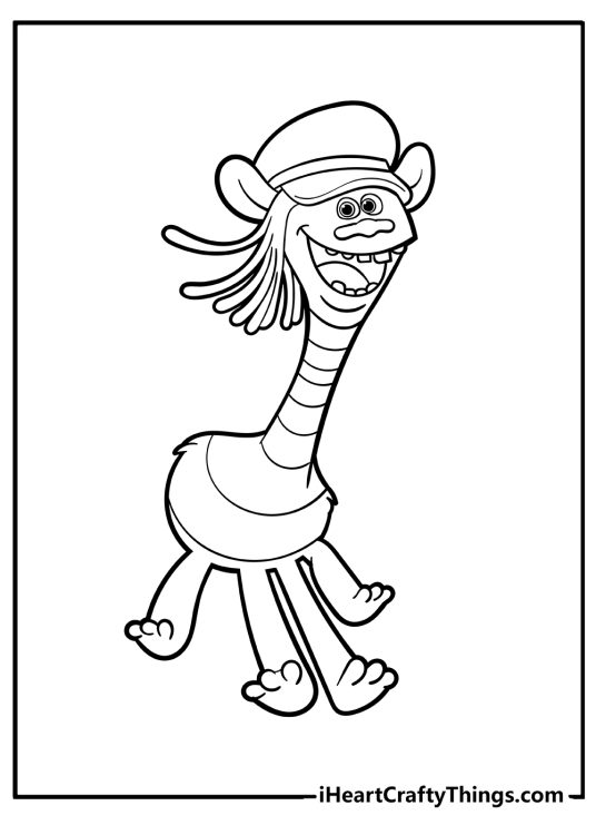 Coloring printable featuring Troll Cooper running around and showing a toothy smile