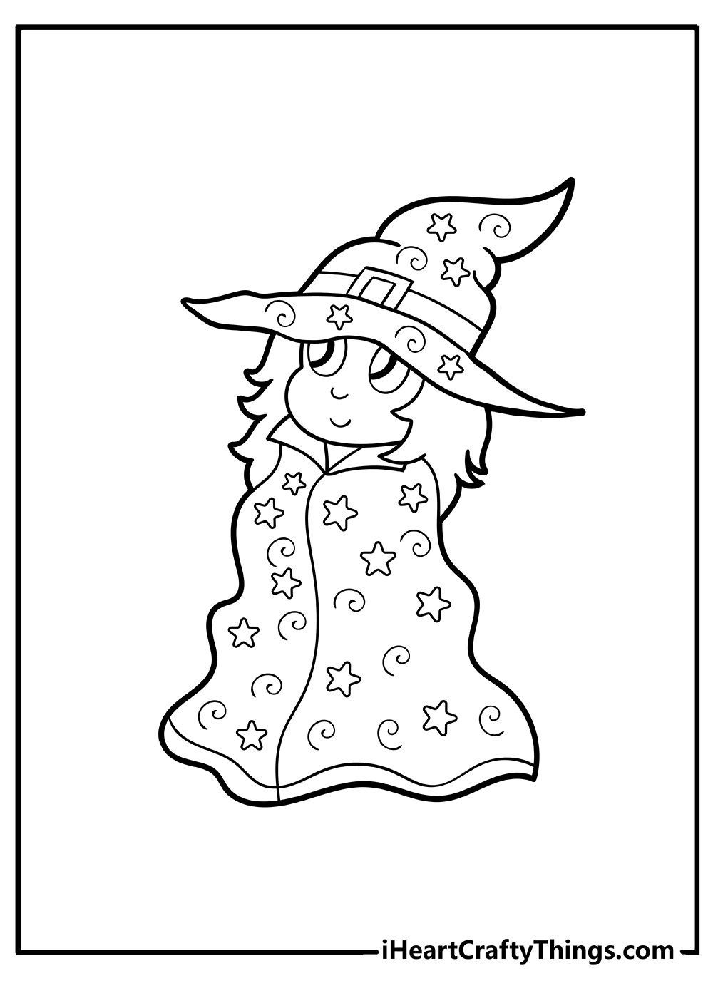 Cute witch with stars and swirls coloring printable