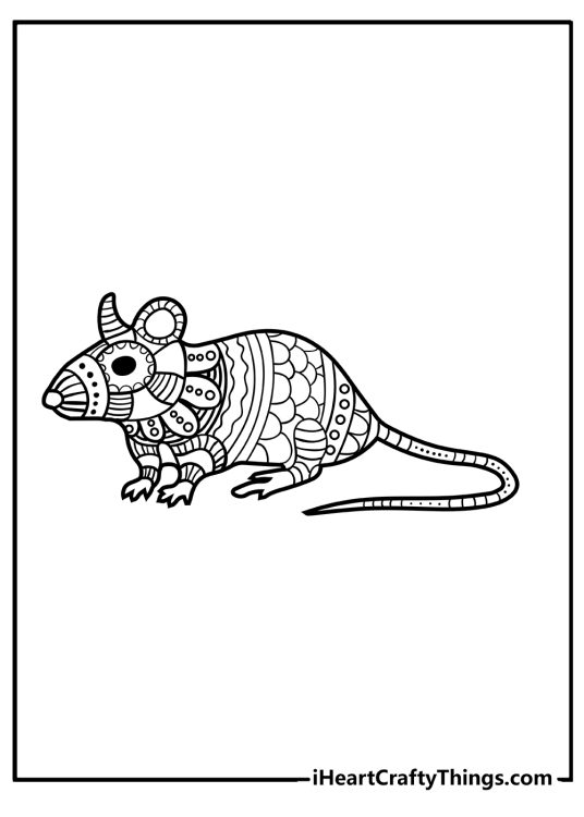 Animal-themed printable coloring sheet featuring a cute mouse with intricate body pattern