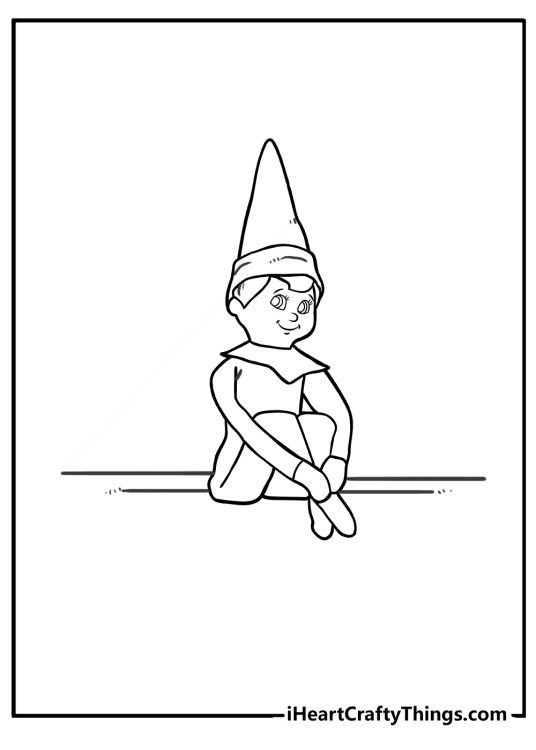 Detailed Elf on the Shelf drawing to color featuring cheerful elf sitting knees to chest