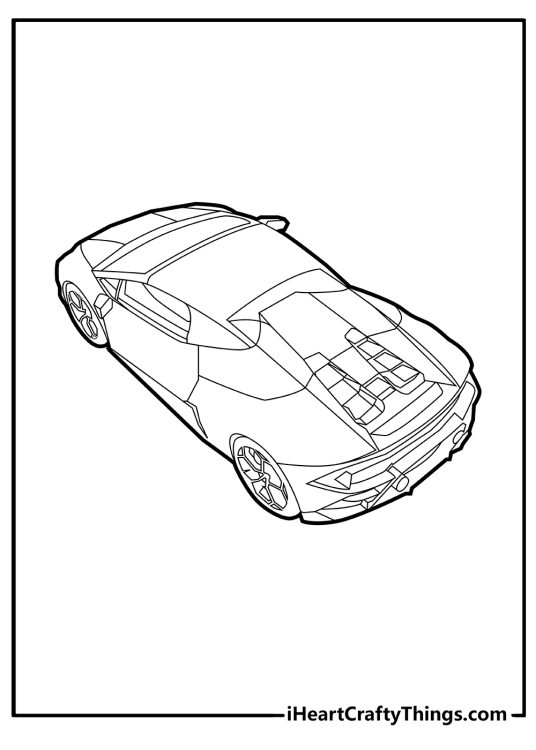 Coloring printable presenting sports car Lamborghini from above focusing on its backside