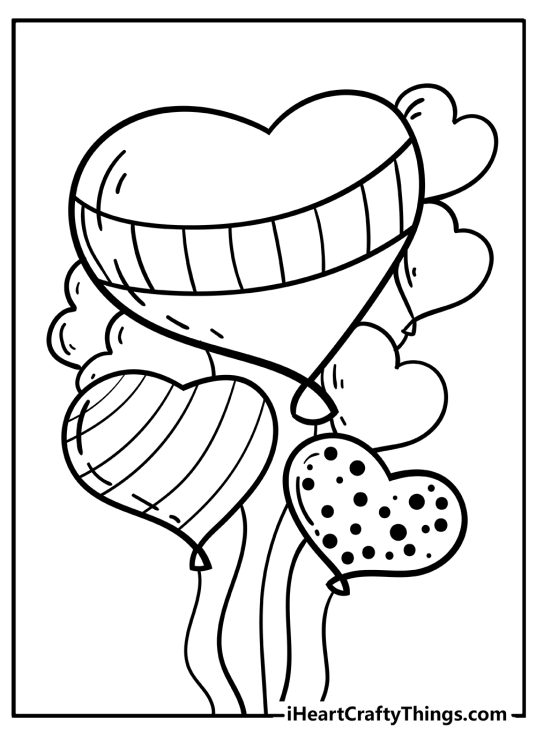Coloring printable depicting eight heart-shaped balloons with a biggest one in the middle