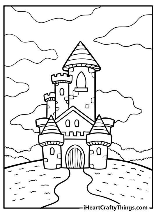 Coloring sheet of a fairy-tale castle with stone walls surrounded by greenery and clouds in the sky