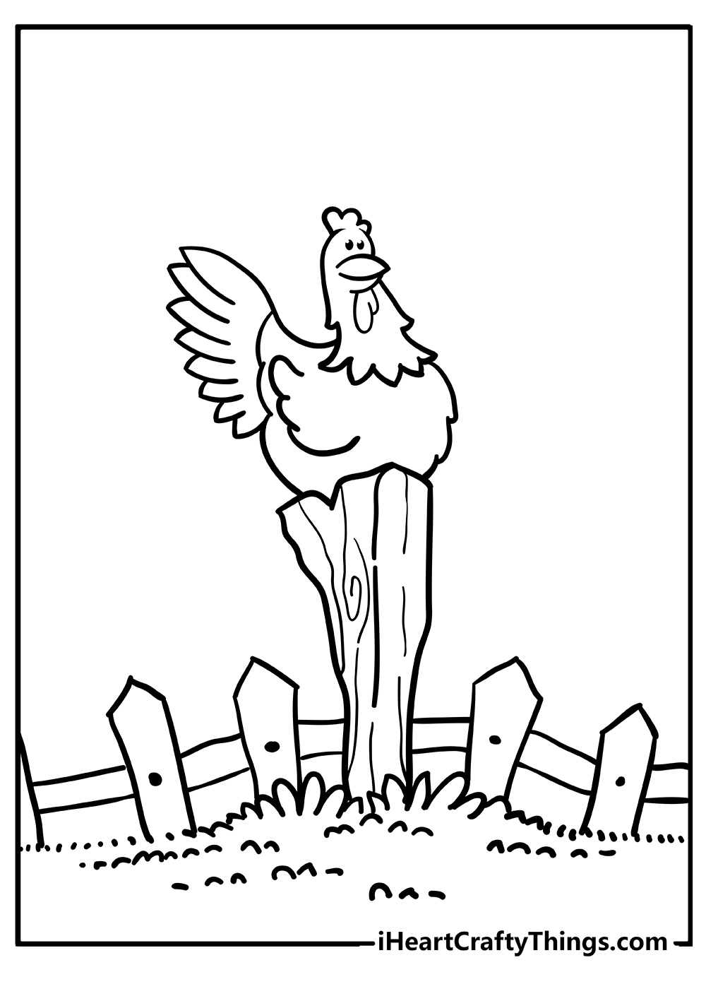 Farm animal coloring sheet featuring rooster sitting on the fence ready to start crowing