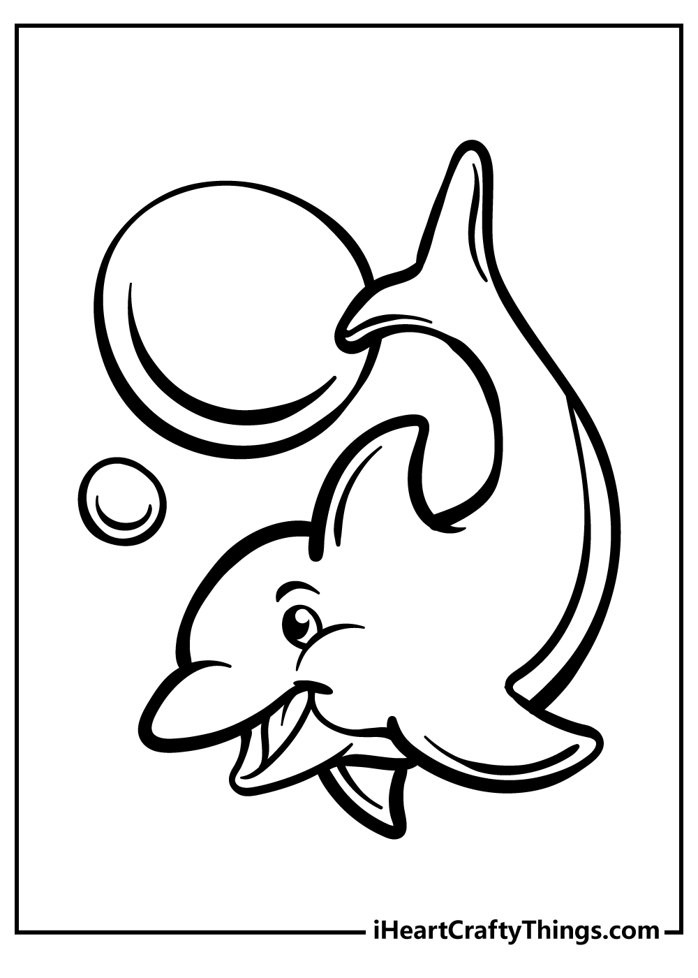 Printable coloring sheet featuring dolphin with two different size circles above it