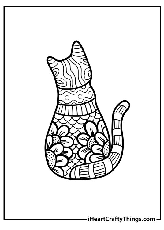 Animal coloring picture featuring surreal sitting cat showing her back with mandala-patterned body