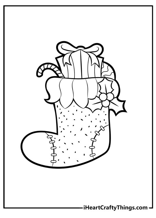 Free coloring picture for kids featuring decorated Christmas sock full of presents