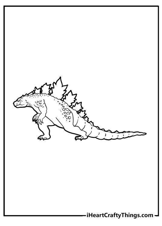 Detailed coloring sheet featuring walking Godzilla with enormous plated spikes sticking out from its back