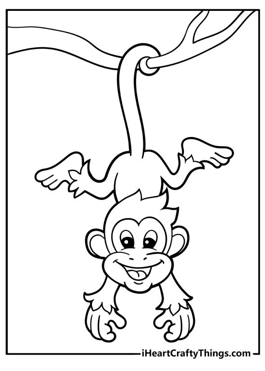 Printable picture to color featuring charming baby monkey hanging from a tree branch using its tail