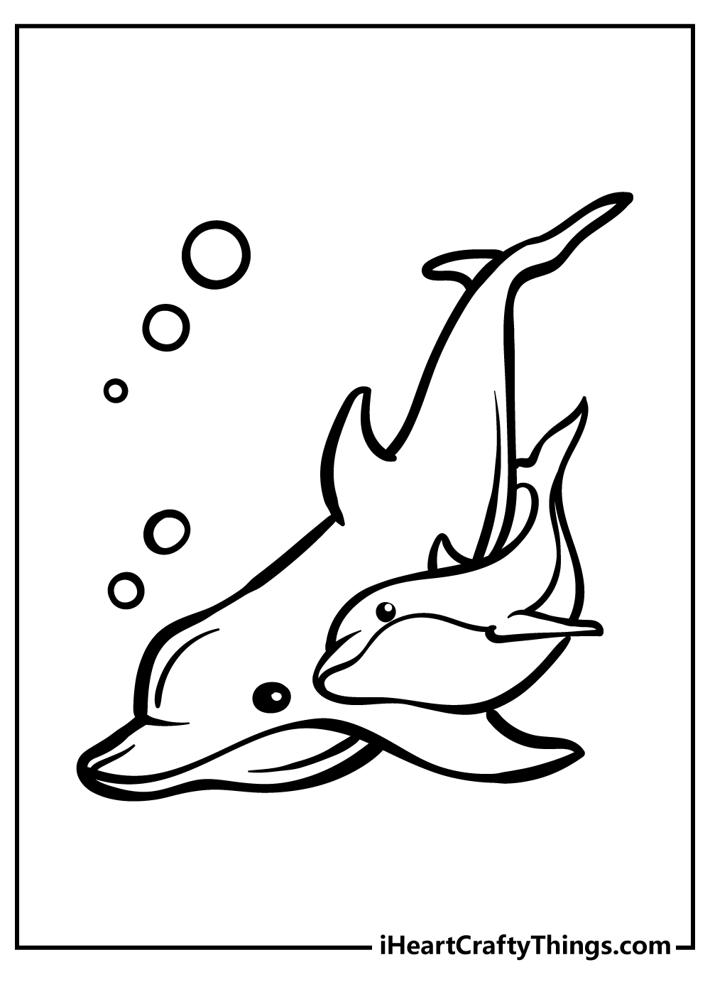 Printable colloring page featuring an adorable scene of a mother dolphin with her baby