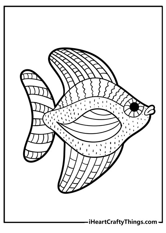 Animal-themed printable coloring card presenting creative fish with many stripes and dots all over the body
