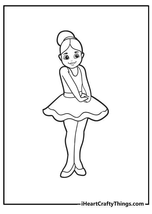 Free coloring sheet featuring ballerina with a tutu skirt and hair styled in a voluminous bun