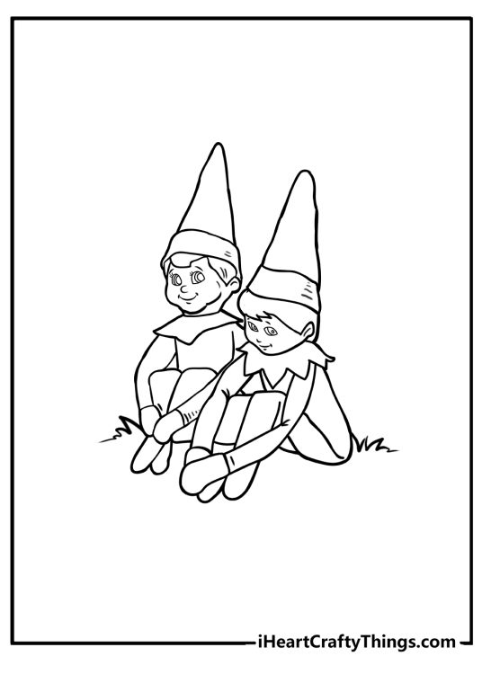 Elf on the Shelf-themed printable picture presenting two charming elves sitting on the grass side by side