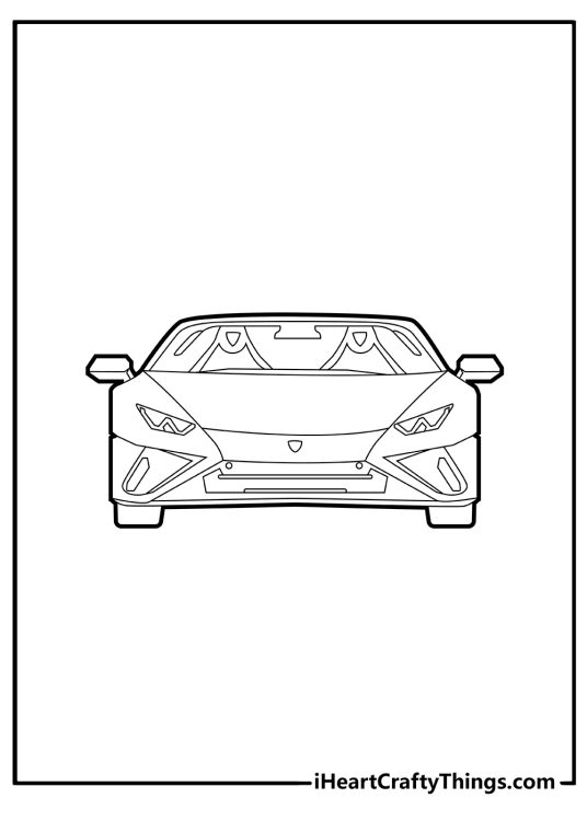 Printable coloring sheet featuring exclusive vehicle Lamborghini captured from the front