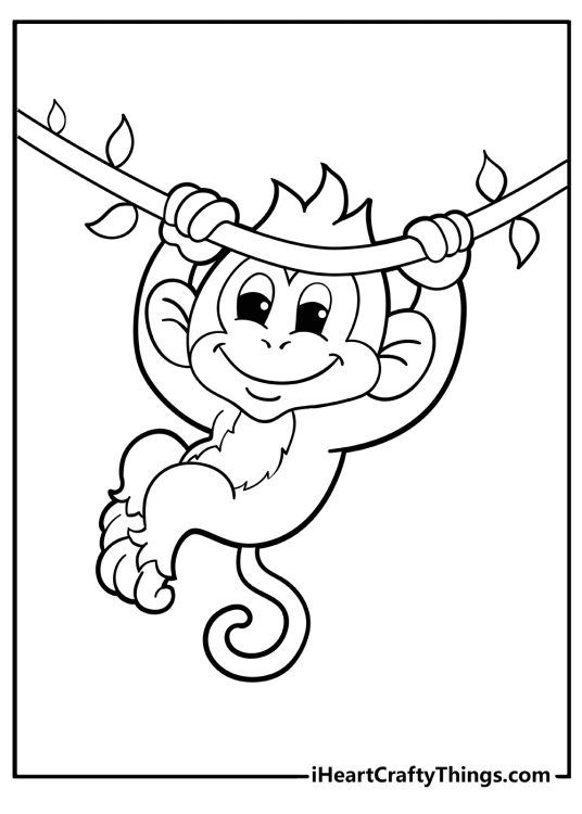 Printable sheet to color presenting an adorable baby monkey hanging on a tree branch