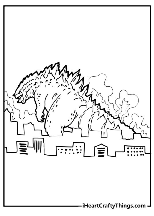 Coloring pdf featuring Godzilla with crocodile-like spikes on its back walking in a city which is on fire