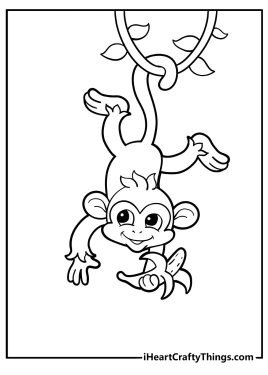 Picture for kids featuring monkey hanging from the tree branch using tail and holding banana with one hand