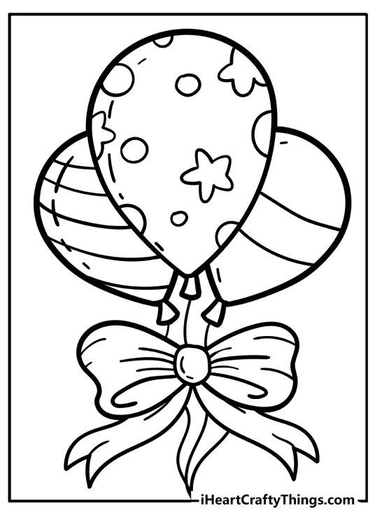 Coloring picture for children featuring three patterned balloons tied up with a cute bow