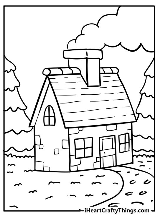 Detailed printable picture to color featuring cozy forest house with running chimney