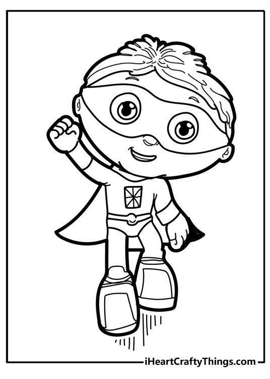 Free Super Why-themed picture for kids featuring Whyatt flying high in a Superhero pose