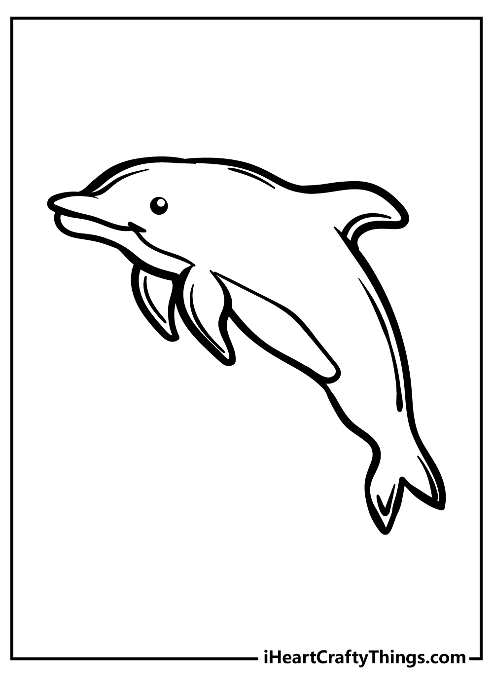 Free coloring picture for children featuring happy-looking dolphin leaping across