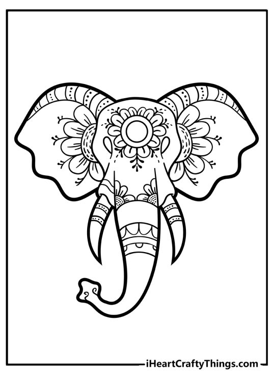 Animal-themed drawing for children featuring elephant head decorated with many details and flowers