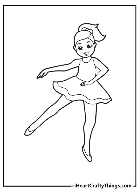 Printable poster of a happy ballerina enjoying dancing with her right leg and arm slightly raised in the air