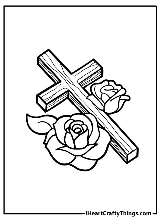 Detailed coloring picture featuring wooden cross surrounded by two fully bloomed roses