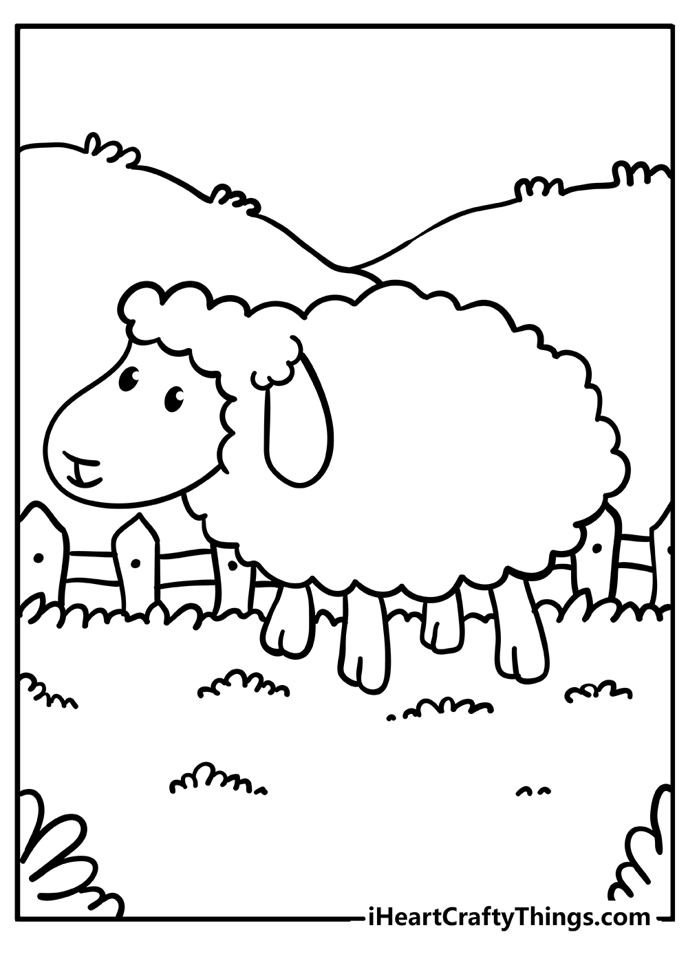 Farm animal coloring picture featuring sheep on the field with fence and hills in the background