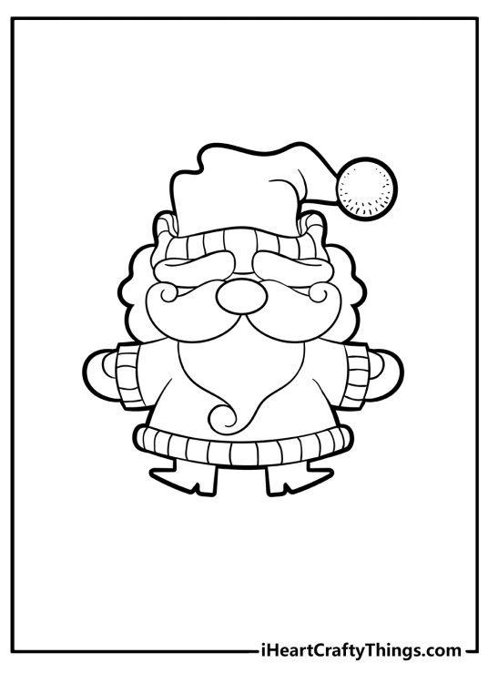 Christmas coloring picture for children featuring a cute small cartoony Santa Claus in his suit