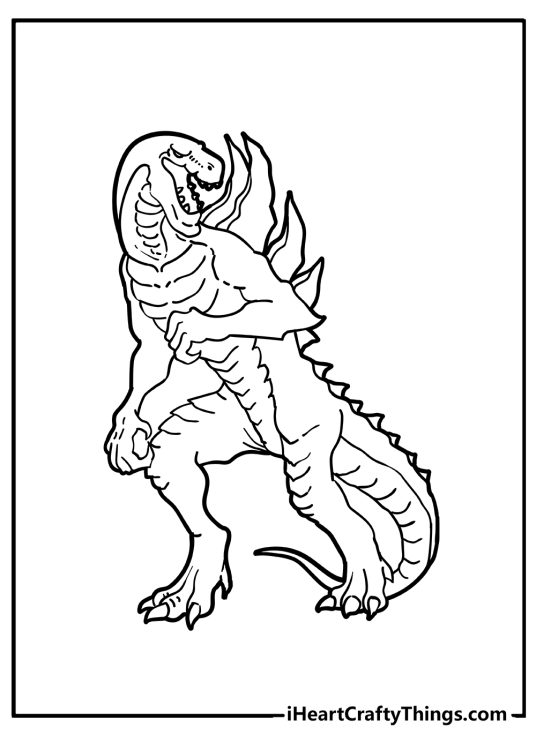 Coloring sheet of a skinny Godzilla with small hooded eyes, a large mouth and huge spikes on its back