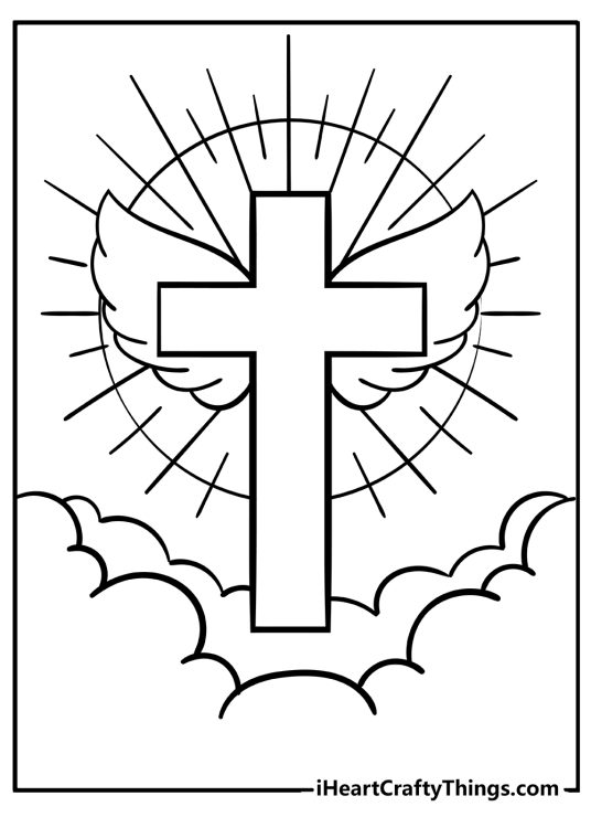Picture featuring cross with wings featured among clouds and big sun in the background
