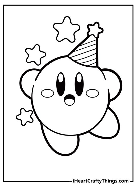 Picture to color of a happy Kirby surrounded by three stars and wearing party hat with a star on top