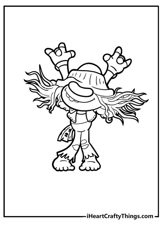 Troll-themed printable pdf to color featuring troll Riff dancing in a rocker outfit