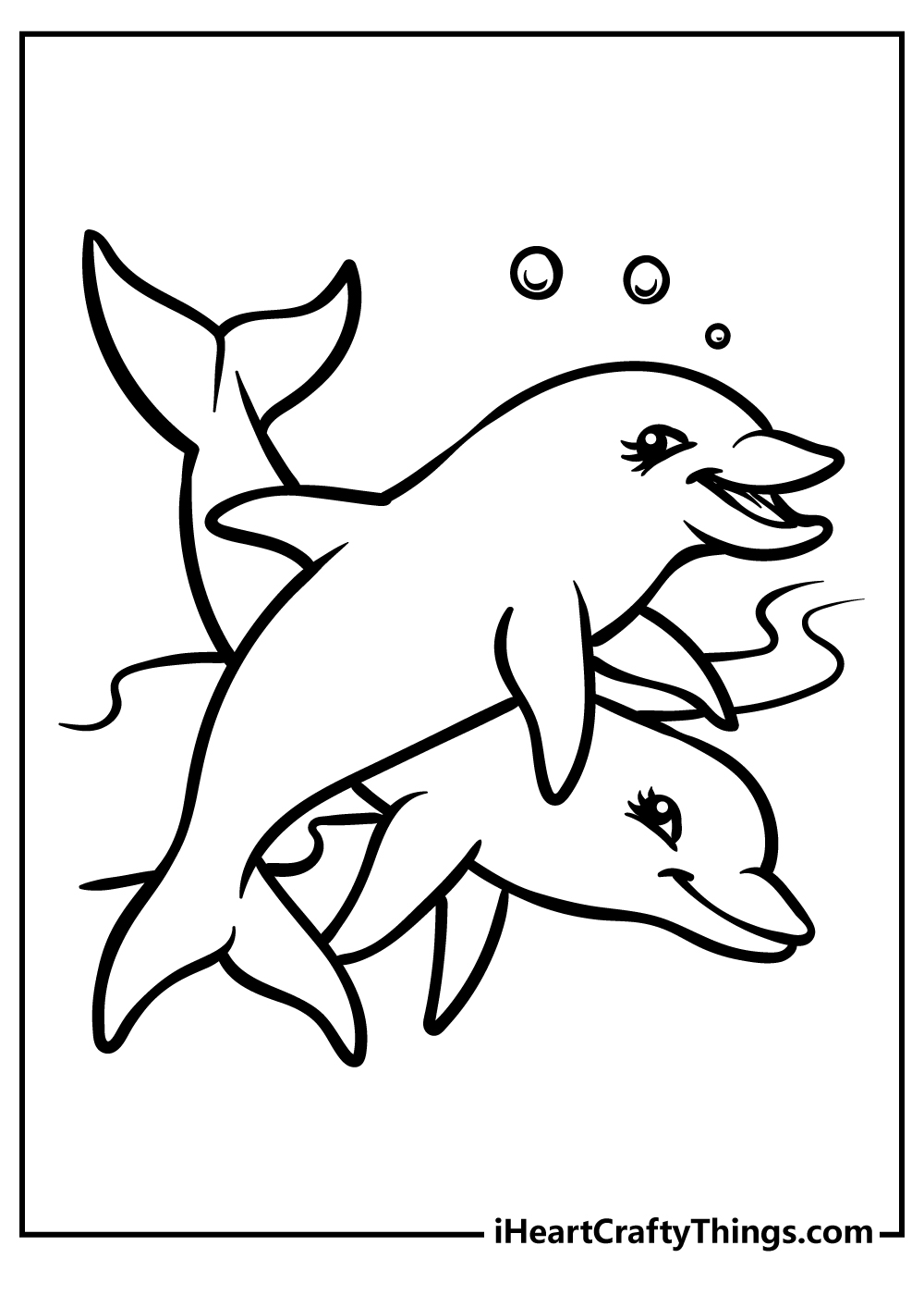 Coloring page for children featuring two dolphins playing and looking very happy