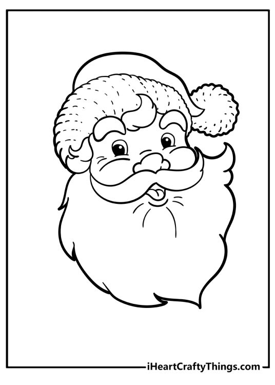 Christmas picture to print and color presenting smiling Santa Claus face with his cute beard and Christmas hat