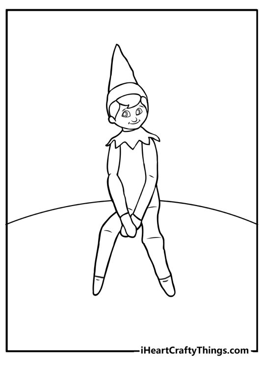 Elf on the Shelf coloring picture for children featuring smiling elf sitting on some round base