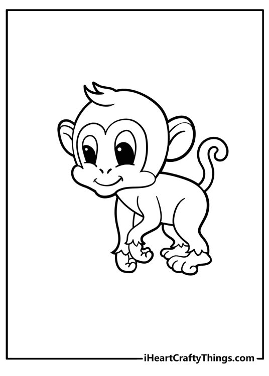 Printable coloring picture featuring an adorable baby monkey discovering surroundings