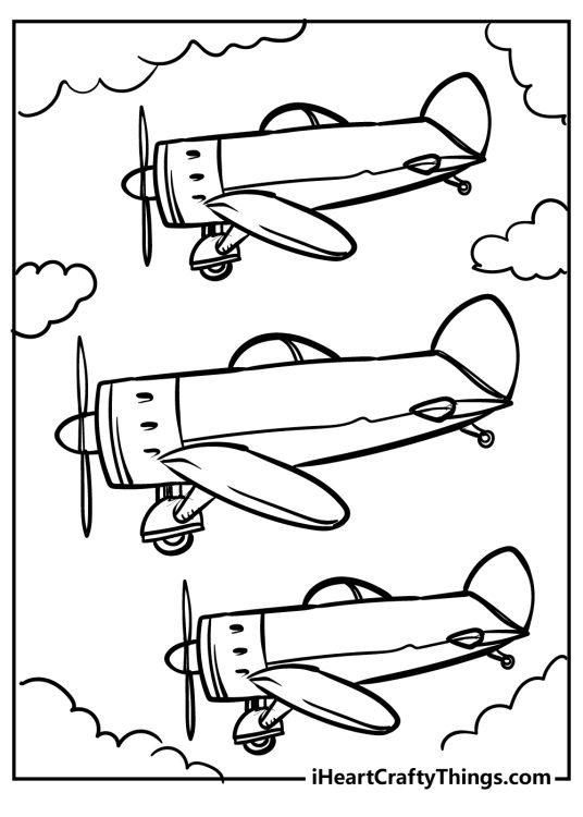 Coloring sheet for children featuring an airplane trio on the move with clouds all around