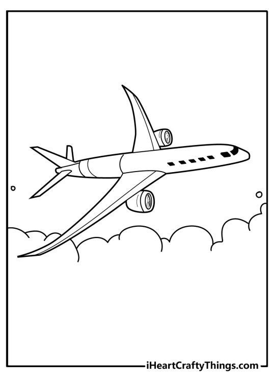 Coloring picture for adults featuring realistic aircraft flying above the clouds