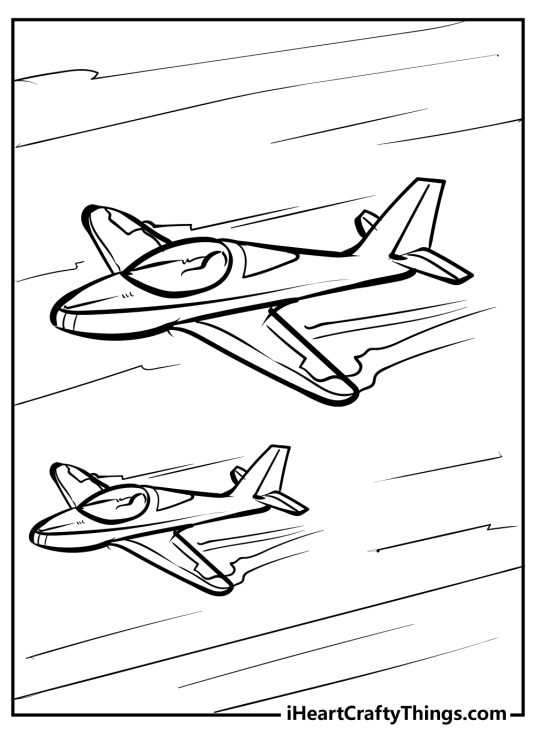 Airplane-themed coloring picture featuring two crafts traveling at immense speed