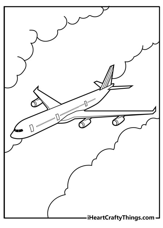 Detailed airplane printable page featuring a big plane on the way to its destination