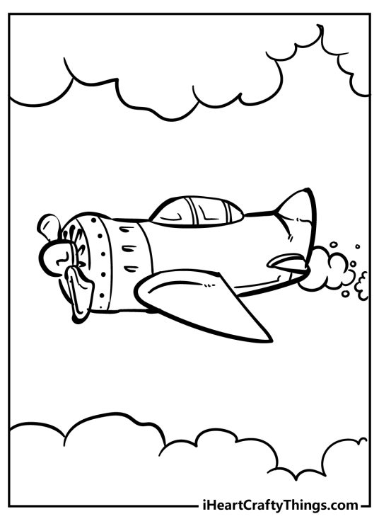 Coloring image for kids featuring unusual design airplane surrounded by fluffy clouds