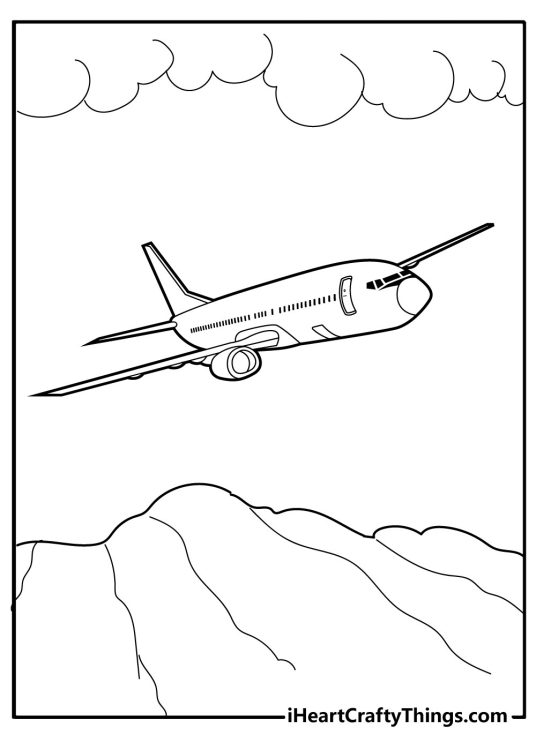 Black-and-white drawing for children featuring an airplane crossing the mountains