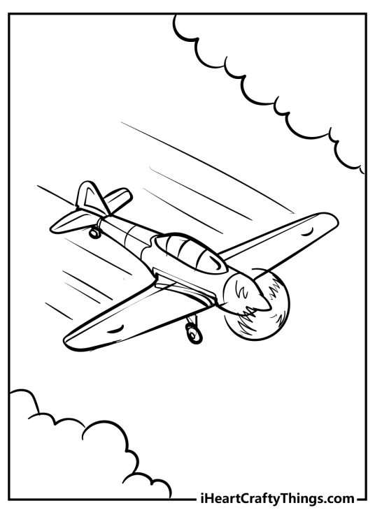 Free printable coloring sheet presenting sleek design airplane flying at full speed
