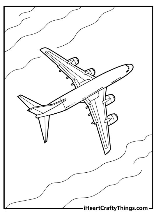 Airplane-themed printable featuring view from the top onto plane with intricate wings flying over the ocean