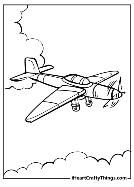 Printable coloring image for kids featuring little airplane with landing gear down